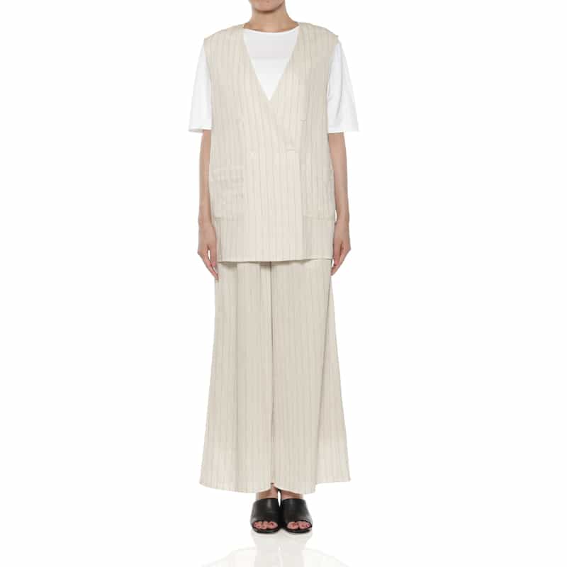 BARNEYS NEW YORK セットアップ ウォッシャブル ストライプ柄ドローストリング ワイドパンツ OFF WHITE