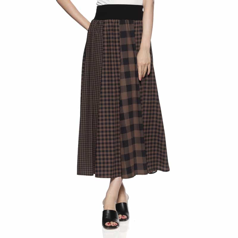 BARNEYS NEW YORK ウォッシャブル コンビネーションチェック柄ロングスカート BROWN
