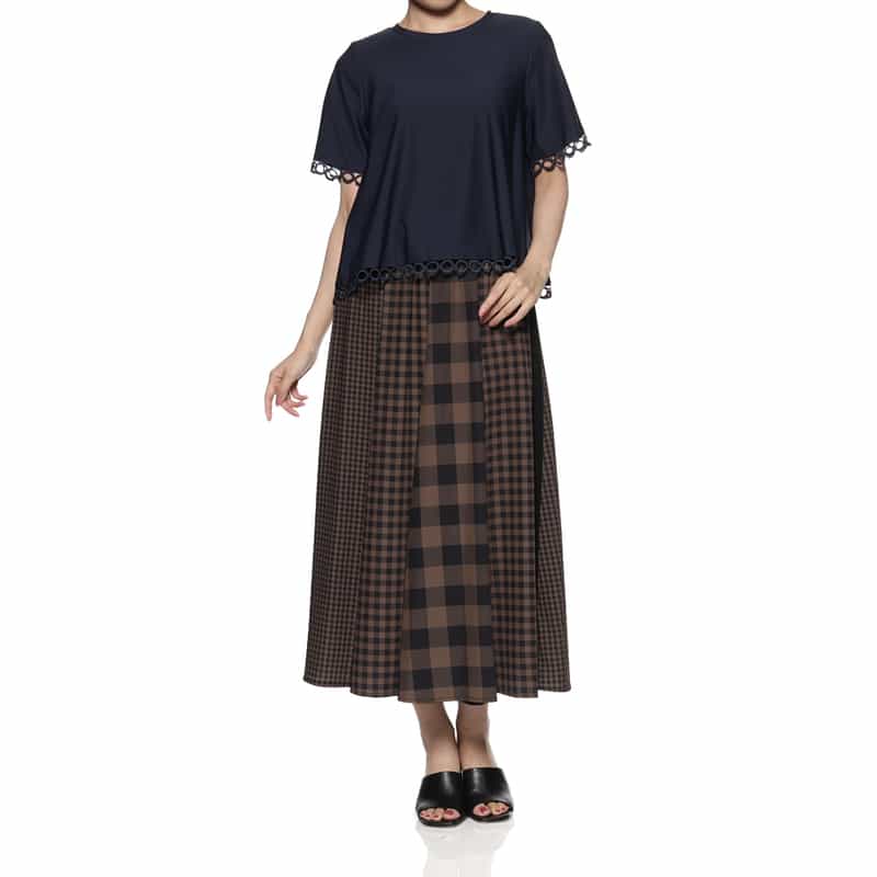 BARNEYS NEW YORK ウォッシャブル コンビネーションチェック柄ロングスカート BROWN