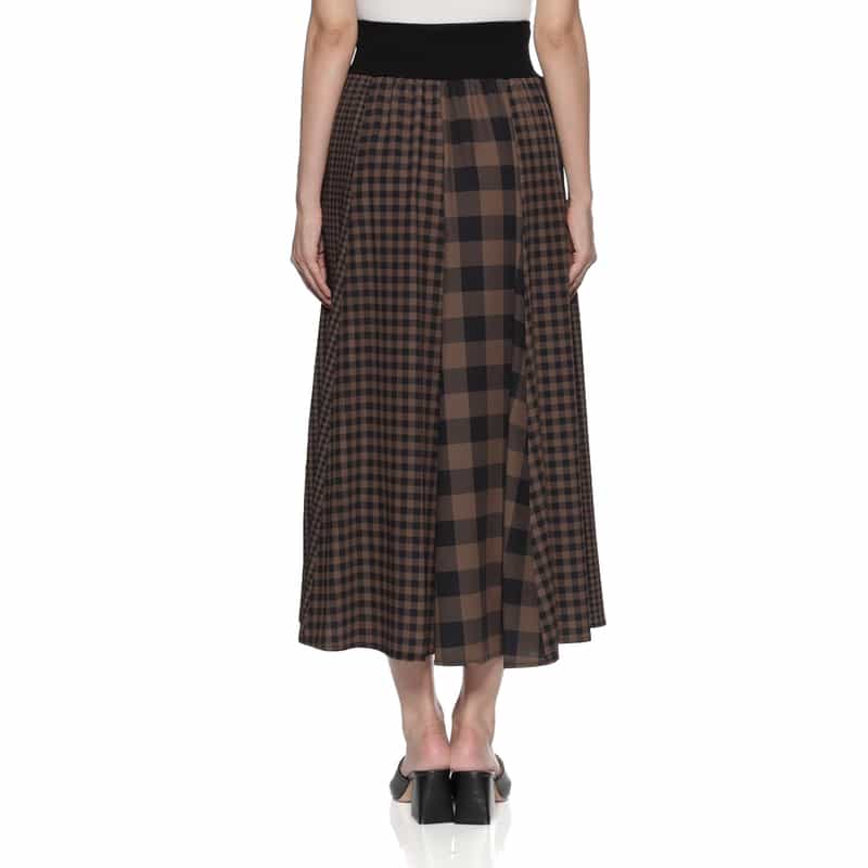 BARNEYS NEW YORK ウォッシャブル コンビネーションチェック柄ロングスカート BROWN