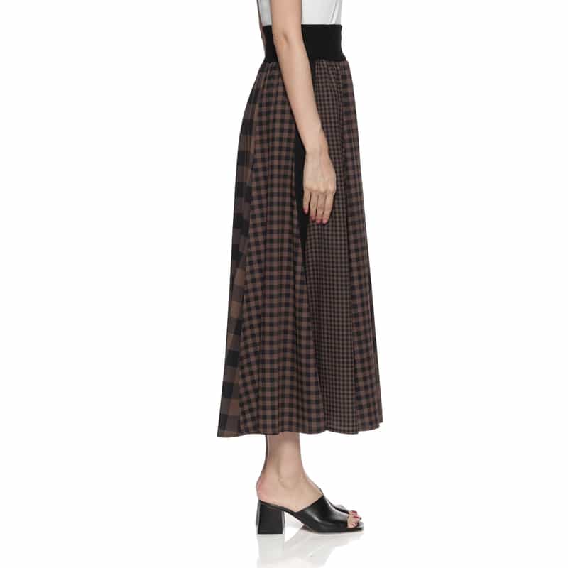 BARNEYS NEW YORK ウォッシャブル コンビネーションチェック柄ロングスカート BROWN