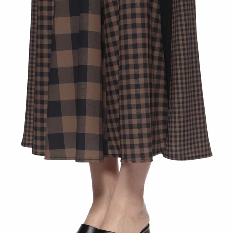 BARNEYS NEW YORK ウォッシャブル コンビネーションチェック柄ロングスカート BROWN