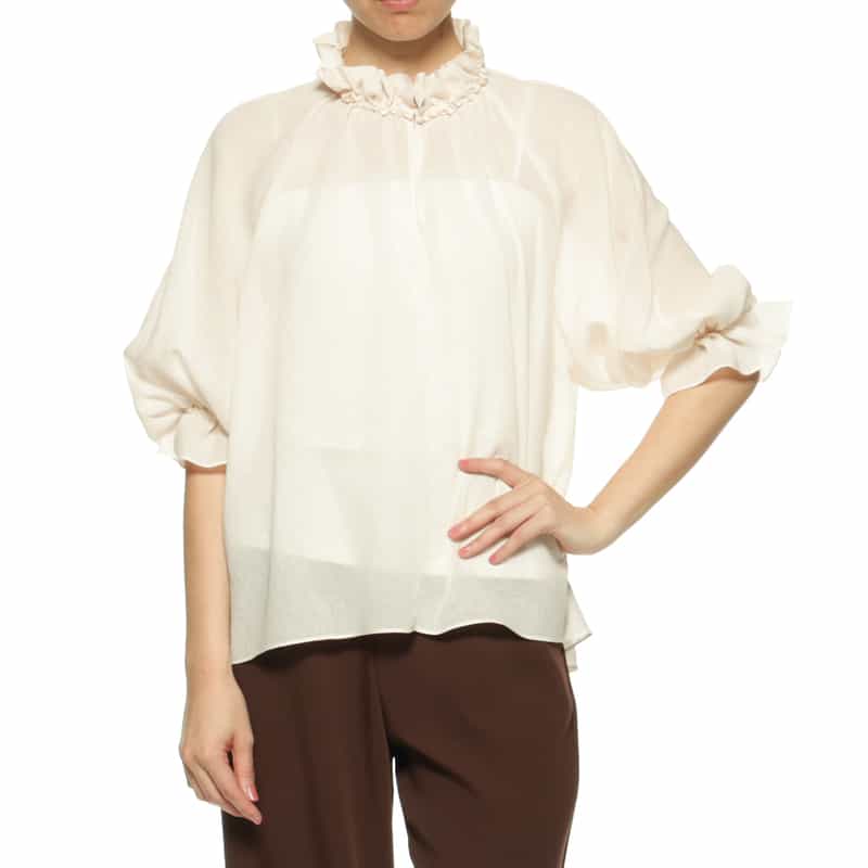 BARNEYS NEW YORK ウォッシャブル ギャザーネックブラウス WHITE