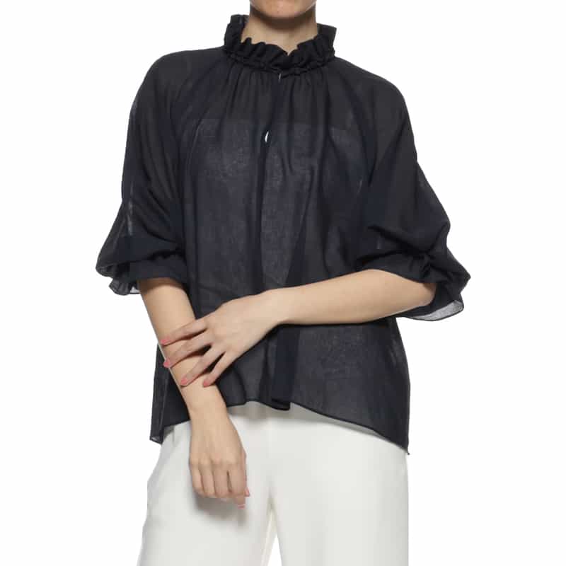 BARNEYS NEW YORK ウォッシャブル ギャザーネックブラウス NAVY