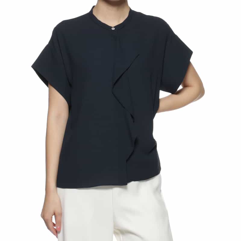 BARNEYS NEW YORK ウォッシャブル センターフリルブラウス NAVY