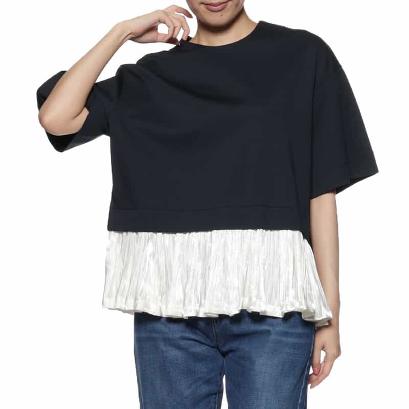 BARNEYS NEW YORK ウォッシャブル コンビネーション プリーツカットソー NAVY