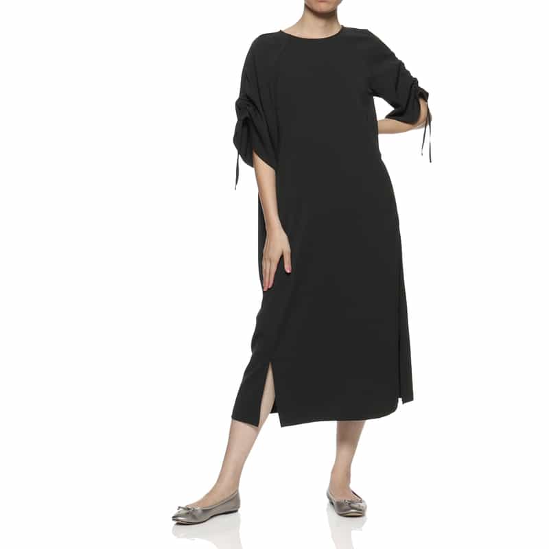 BARNEYS NEW YORK ウォッシャブル ギャザースリーブIラインドレス BLACK