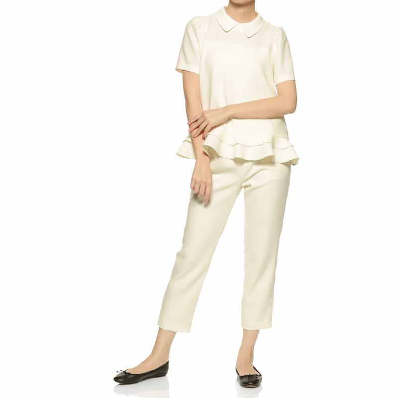 BARNEYS NEW YORK セットアップ ウォッシャブル ダブルクロス 襟付きティアードヘムブラウス OFF WHITE