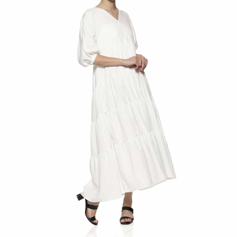 BARNEYS NEW YORK ウォッシャブル ティアードロングドレス WHITE