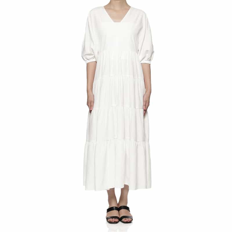 BARNEYS NEW YORK ウォッシャブル ティアードロングドレス WHITE