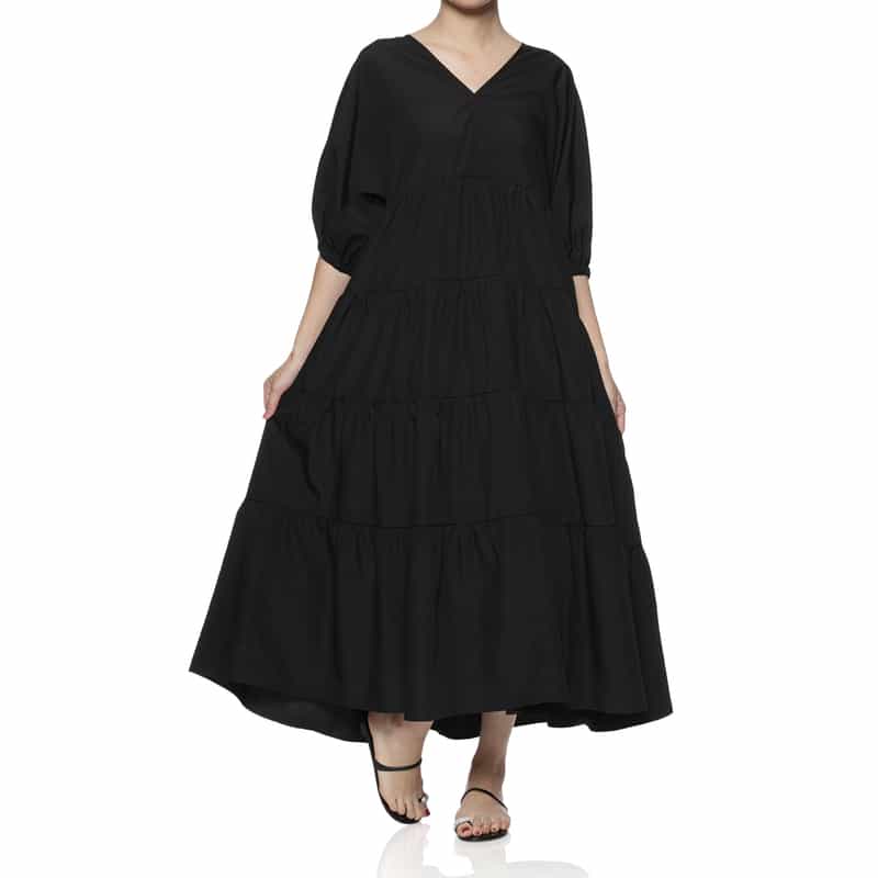 BARNEYS NEW YORK ウォッシャブル ティアードロングドレス BLACK