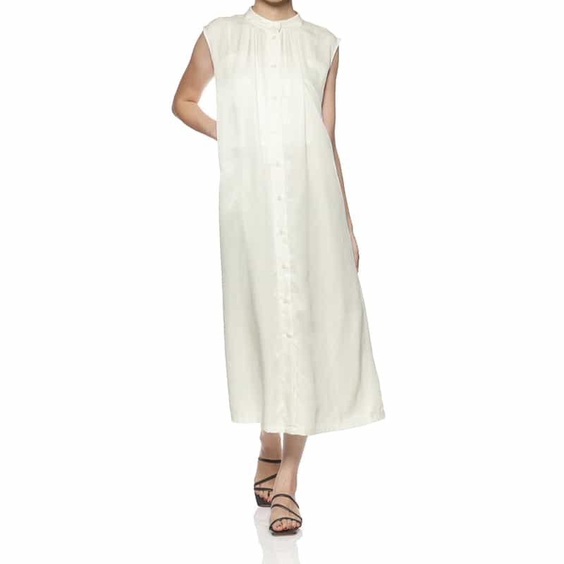 BARNEYS NEW YORK ウォッシャブル スタンドカラーシャツドレス WHITE
