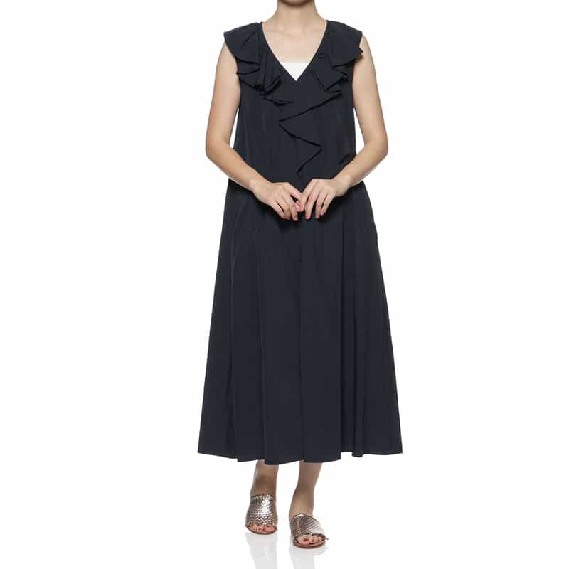 BARNEYS NEW YORK ウォッシャブル ラッフルデザインノースリーブドレス NAVY