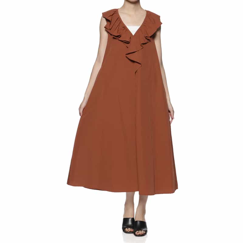 BARNEYS NEW YORK ウォッシャブル ラッフルデザインノースリーブドレス BROWN