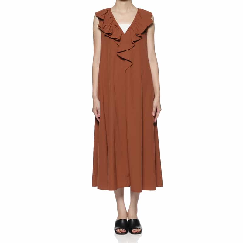 BARNEYS NEW YORK ウォッシャブル ラッフルデザインノースリーブドレス BROWN