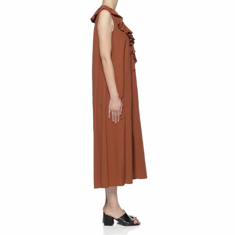 BARNEYS NEW YORK ウォッシャブル ラッフルデザインノースリーブドレス BROWN