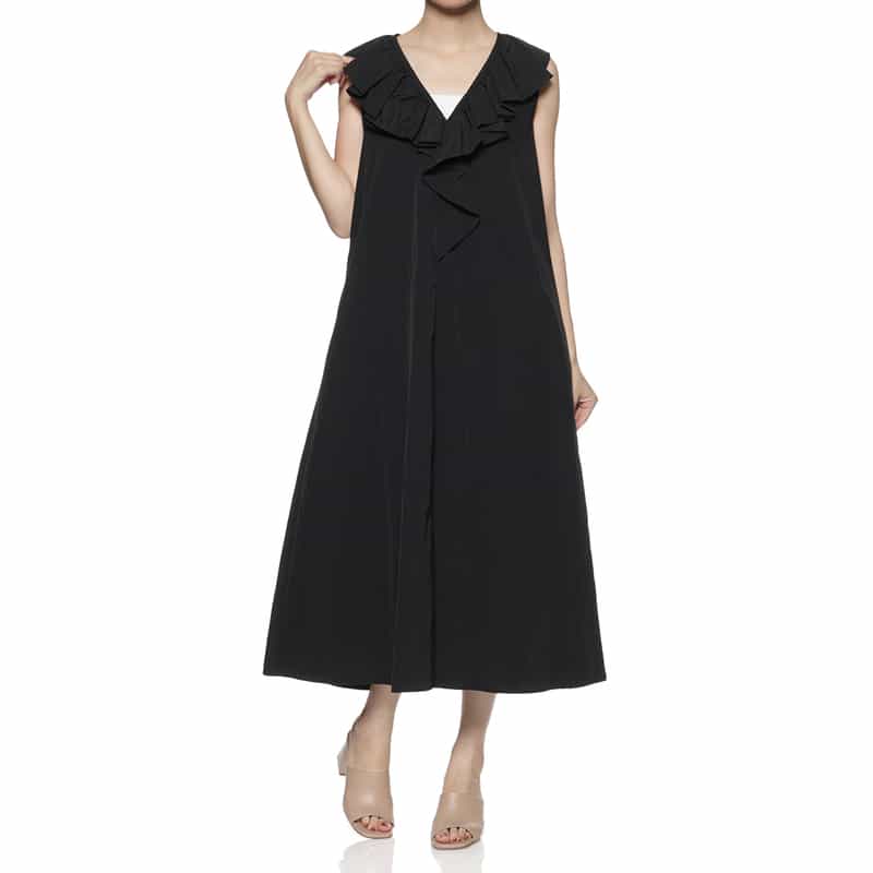 BARNEYS NEW YORK ウォッシャブル ラッフルデザインノースリーブドレス BLACK
