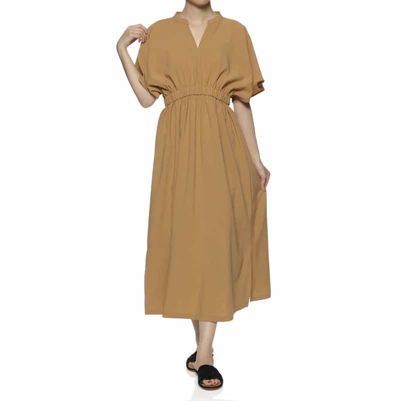 BARNEYS NEW YORK ウォッシャブル ウエストギャザー ロングドレス CAMEL