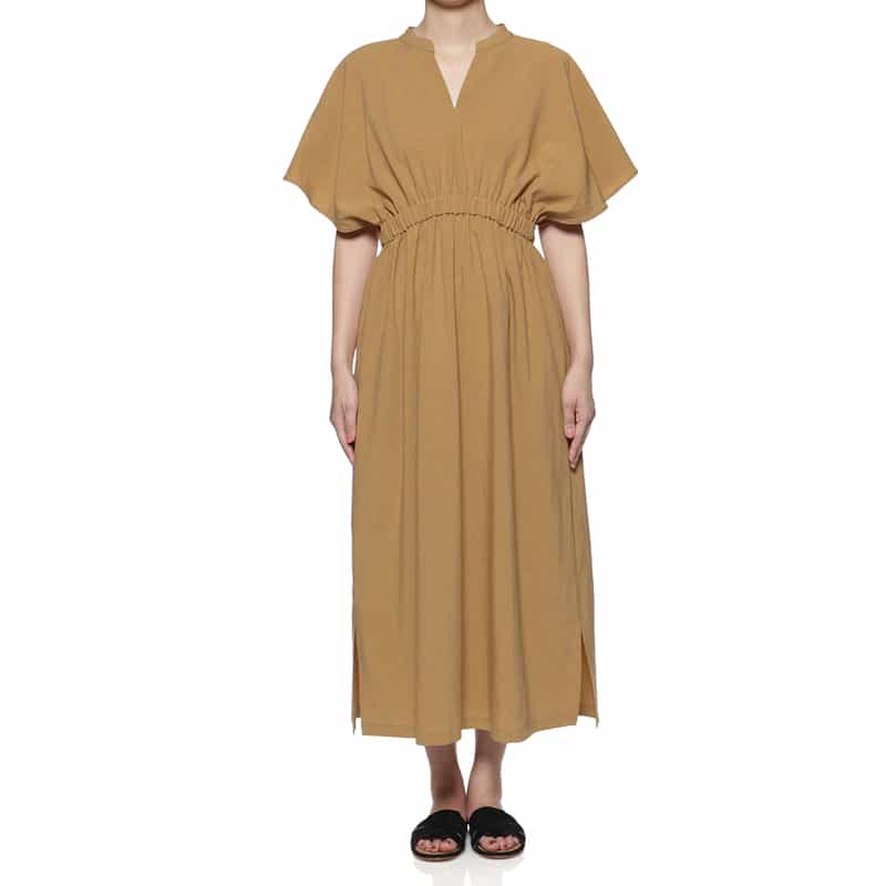 BARNEYS NEW YORK ウォッシャブル ウエストギャザー ロングドレス CAMEL