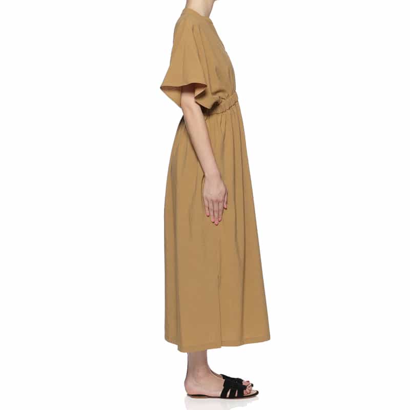 BARNEYS NEW YORK ウォッシャブル ウエストギャザー ロングドレス CAMEL