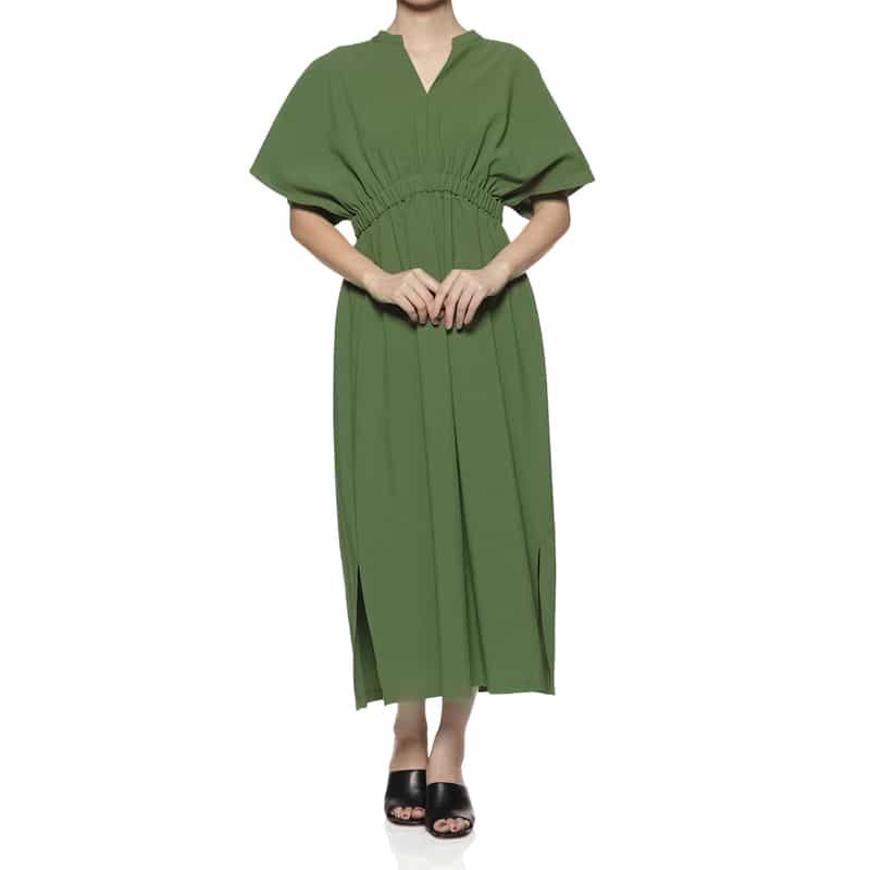 BARNEYS NEW YORK ウォッシャブル ウエストギャザー ロングドレス KHAKI