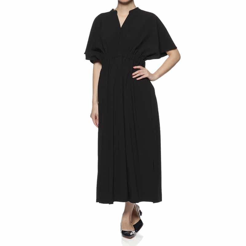 BARNEYS NEW YORK ウォッシャブル ウエストギャザー ロングドレス BLACK