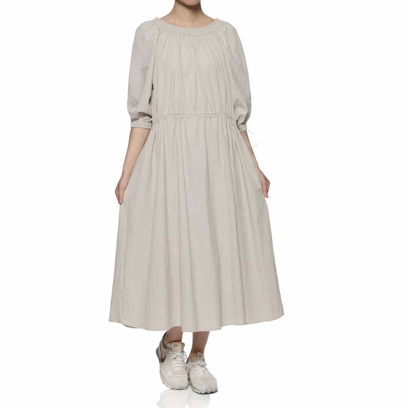BARNEYS NEW YORK ウォッシャブル ドローコード付きオフショルダードレス BEIGE