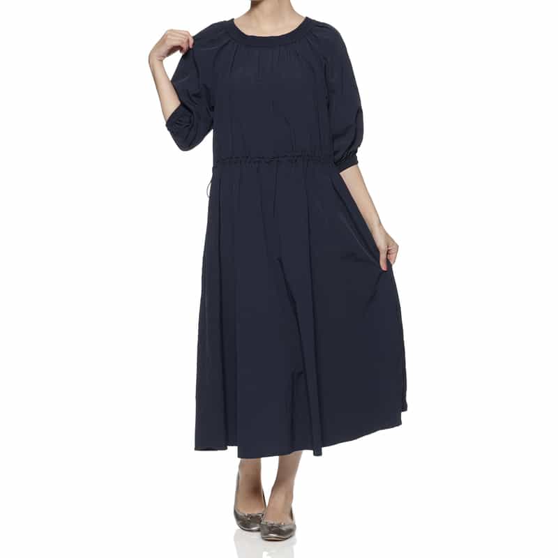 BARNEYS NEW YORK ウォッシャブル ドローコード付きオフショルダードレス NAVY