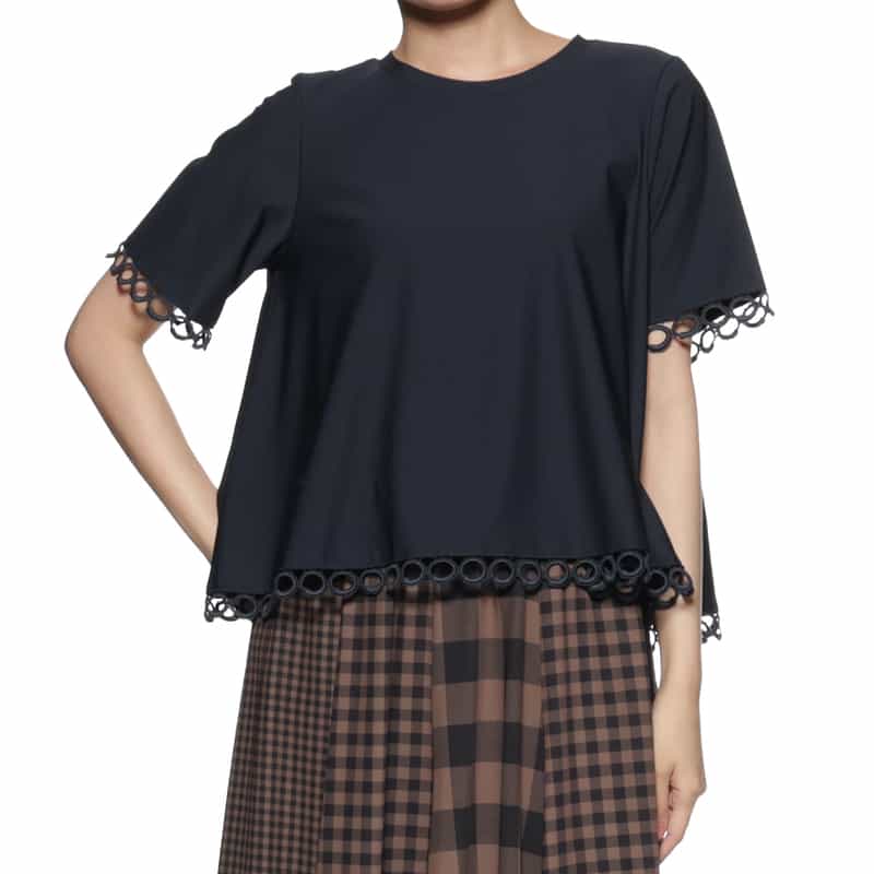 BARNEYS NEW YORK ウォッシャブル サークルレース フレアカットソー NAVY