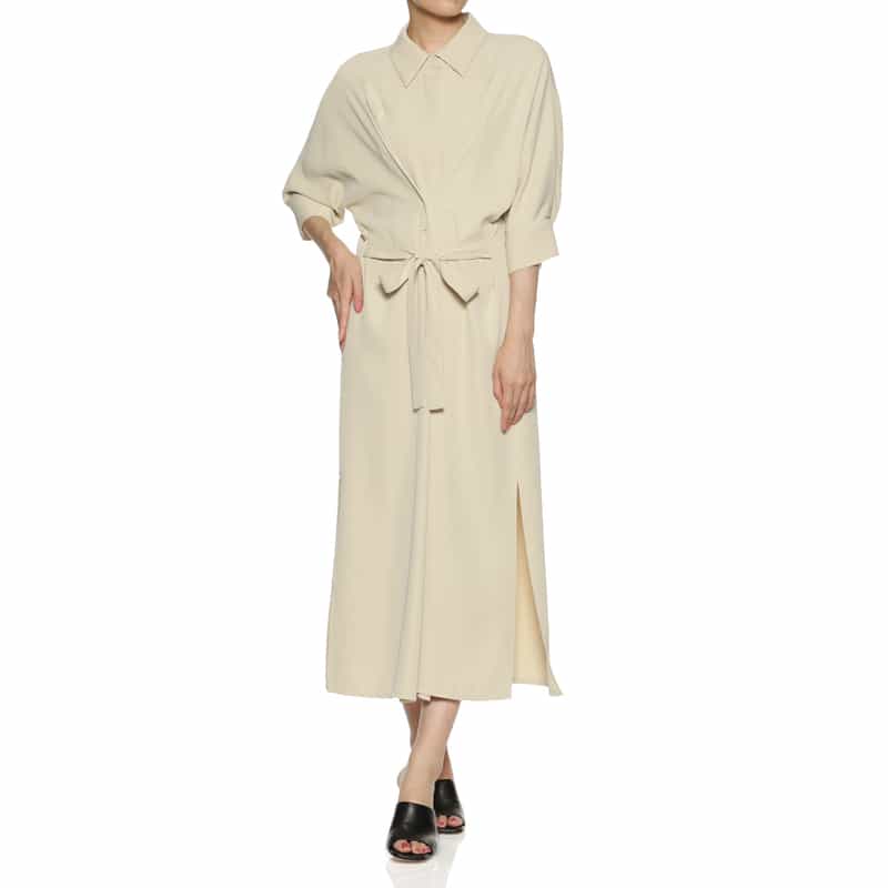 BARNEYS NEW YORK ウォッシャブル ウエストリボン付きドルマンスリーブドレス BEIGE