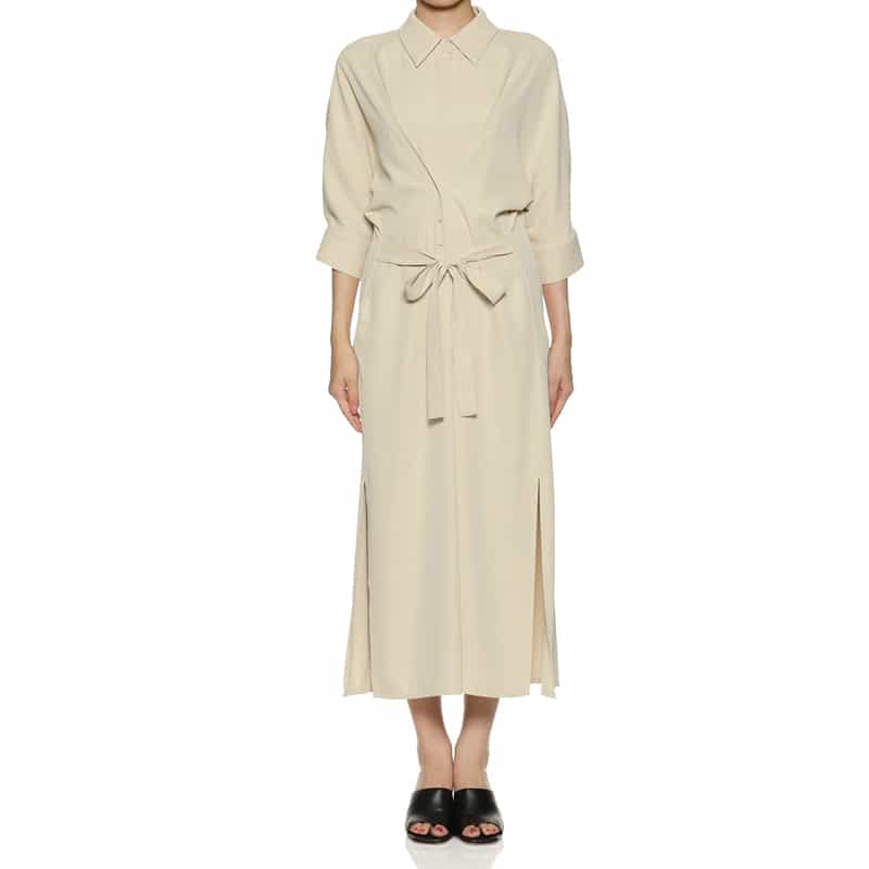 BARNEYS NEW YORK ウォッシャブル ウエストリボン付きドルマンスリーブドレス BEIGE