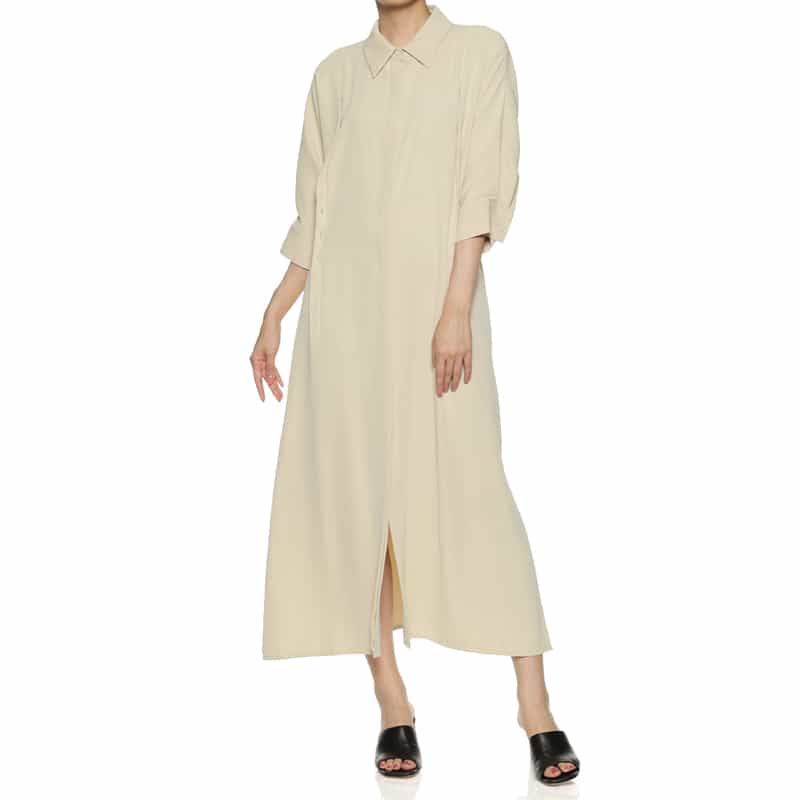 BARNEYS NEW YORK ウォッシャブル ウエストリボン付きドルマンスリーブドレス BEIGE