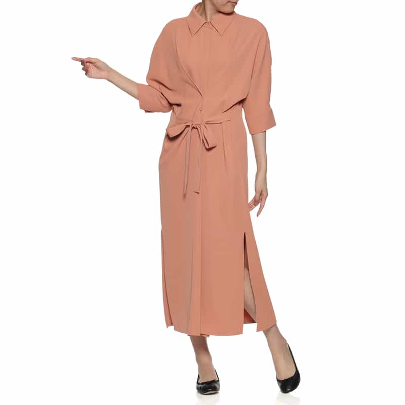 BARNEYS NEW YORK ウォッシャブル ウエストリボン付きドルマンスリーブドレス WINE