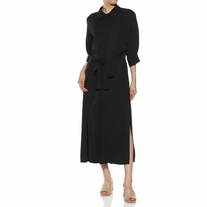 BARNEYS NEW YORK ウォッシャブル ウエストリボン付きドルマンスリーブドレス BLACK