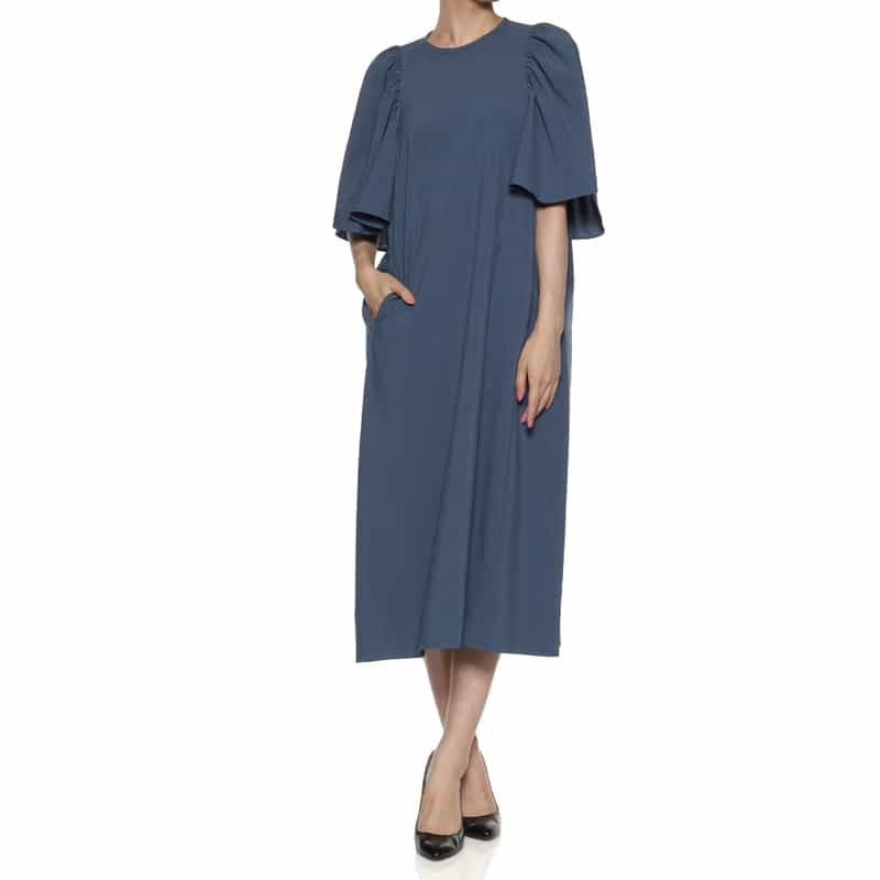 BARNEYS NEW YORK ウォッシャブル フレアスリーブドレス BLUE