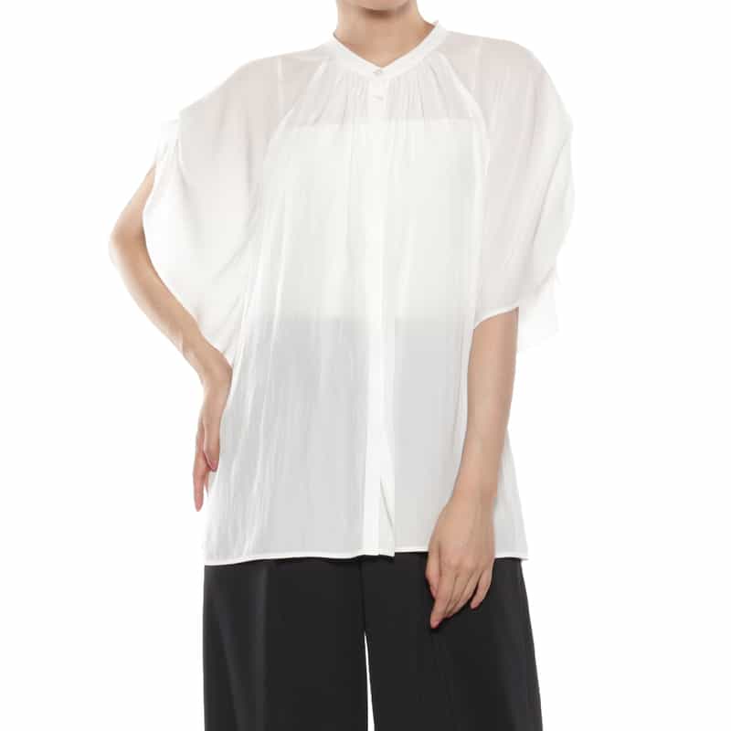 BARNEYS NEW YORK ウォッシャブル ギャザースリーブブラウス WHITE