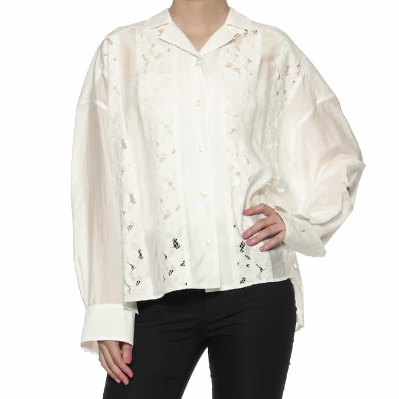 BARNEYS NEW YORK ウォッシャブル レースストライプシャツ WHITE
