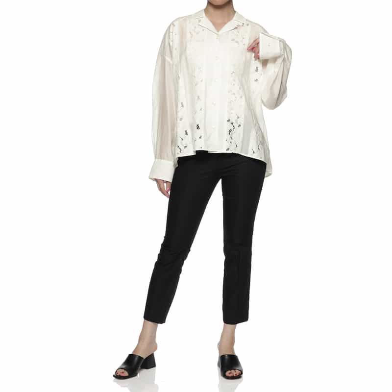 BARNEYS NEW YORK ウォッシャブル レースストライプシャツ WHITE