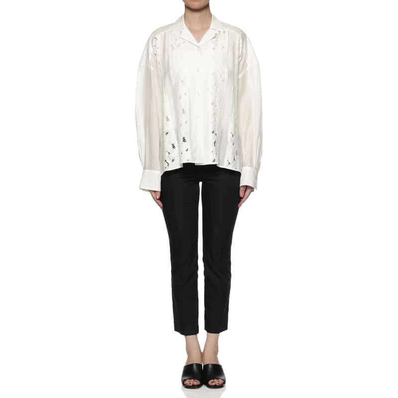 BARNEYS NEW YORK ウォッシャブル レースストライプシャツ WHITE