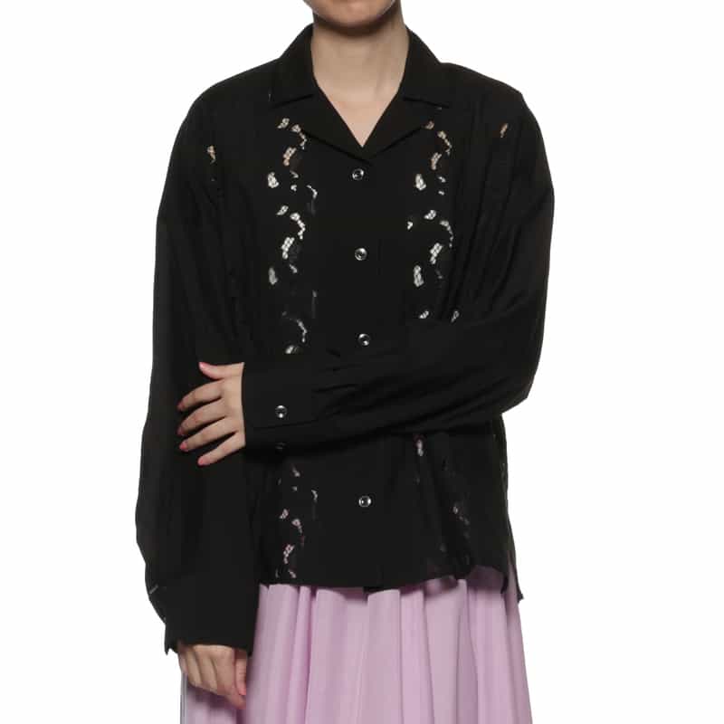 BARNEYS NEW YORK ウォッシャブル レースストライプシャツ BLACK