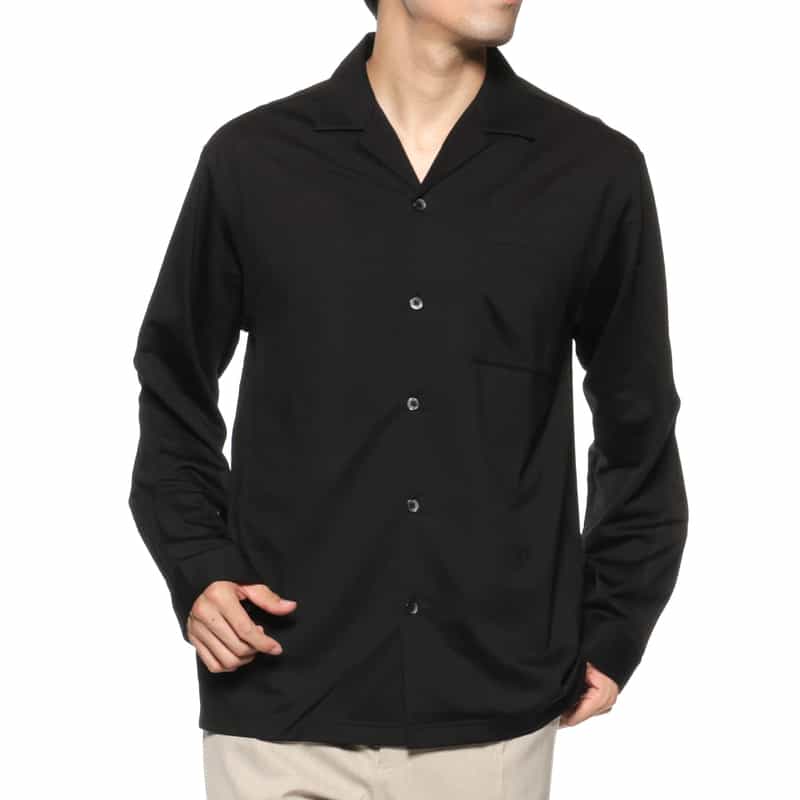 BARNEYS NEW YORK ウォッシャブル オープンカラーニットシャツ BLACK