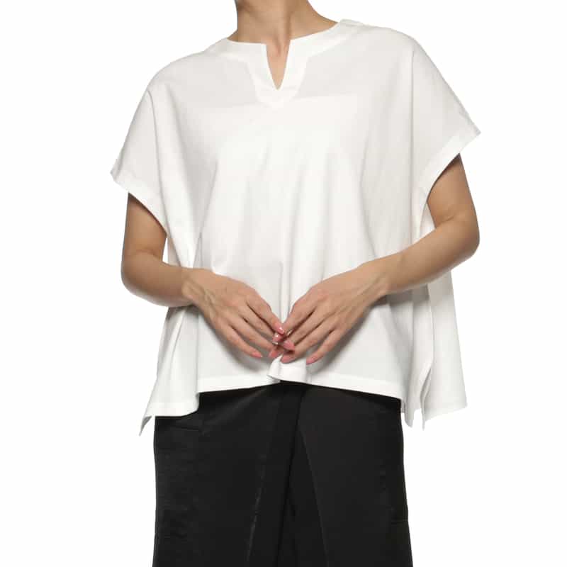 BARNEYS NEW YORK ウォッシャブル キーネックカットソー WHITE