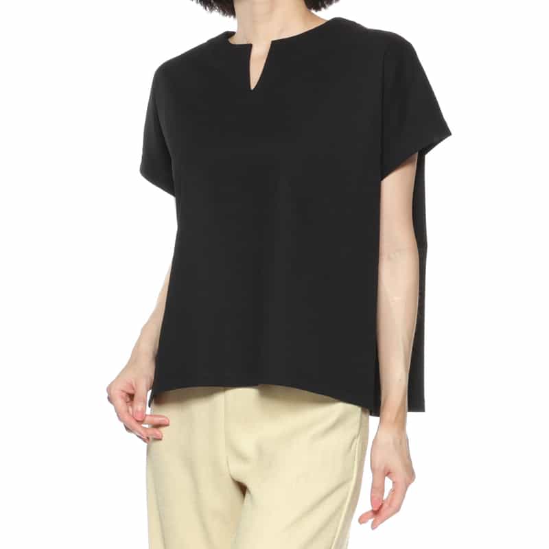 BARNEYS NEW YORK ウォッシャブル キーネックカットソー BLACK