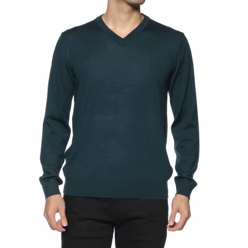 BARNEYS NEW YORK SUPER140Sウール Vネックニットプルオーバー GREEN