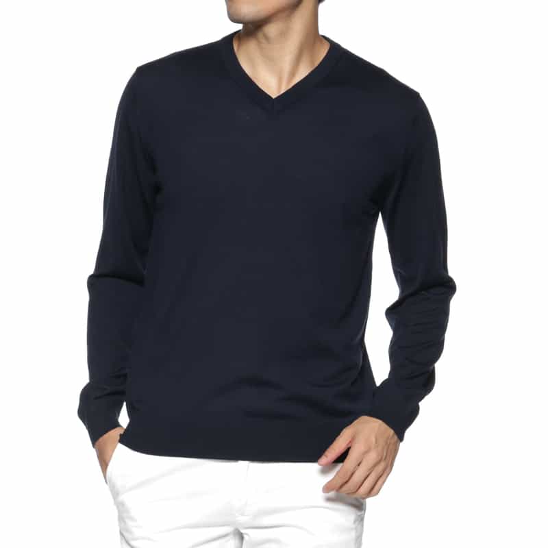 BARNEYS NEW YORK SUPER140Sウール Vネックニットプルオーバー NAVY