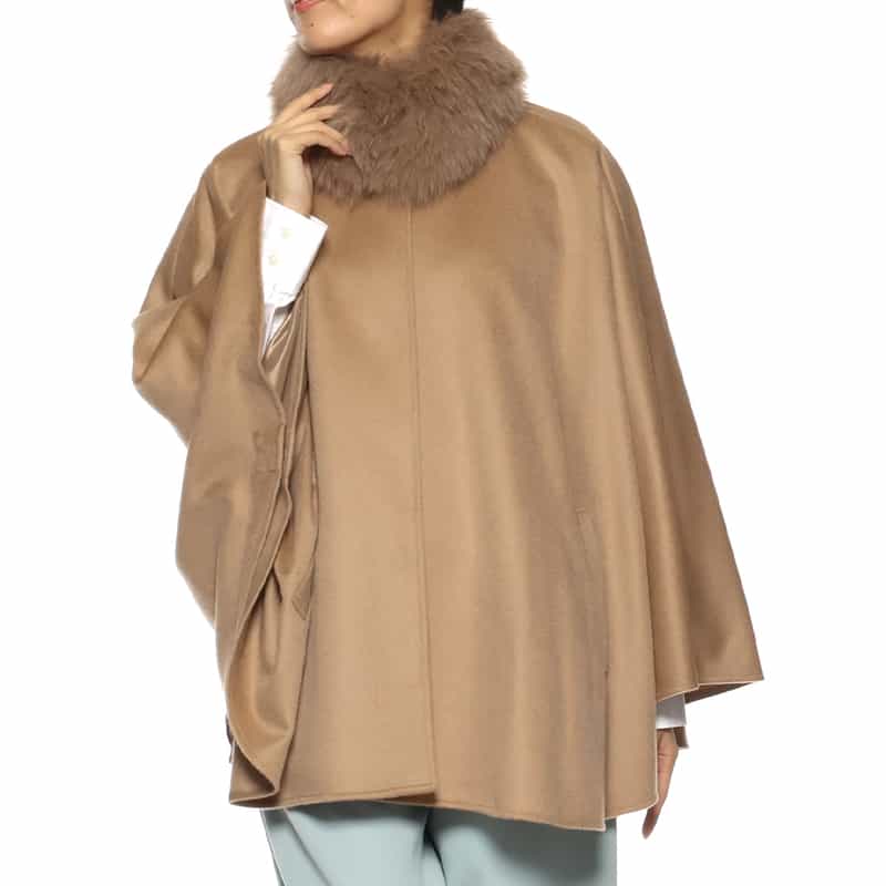 BARNEYS NEW YORK フォックスファー付きカシミ素材ヤケープコート CAMEL