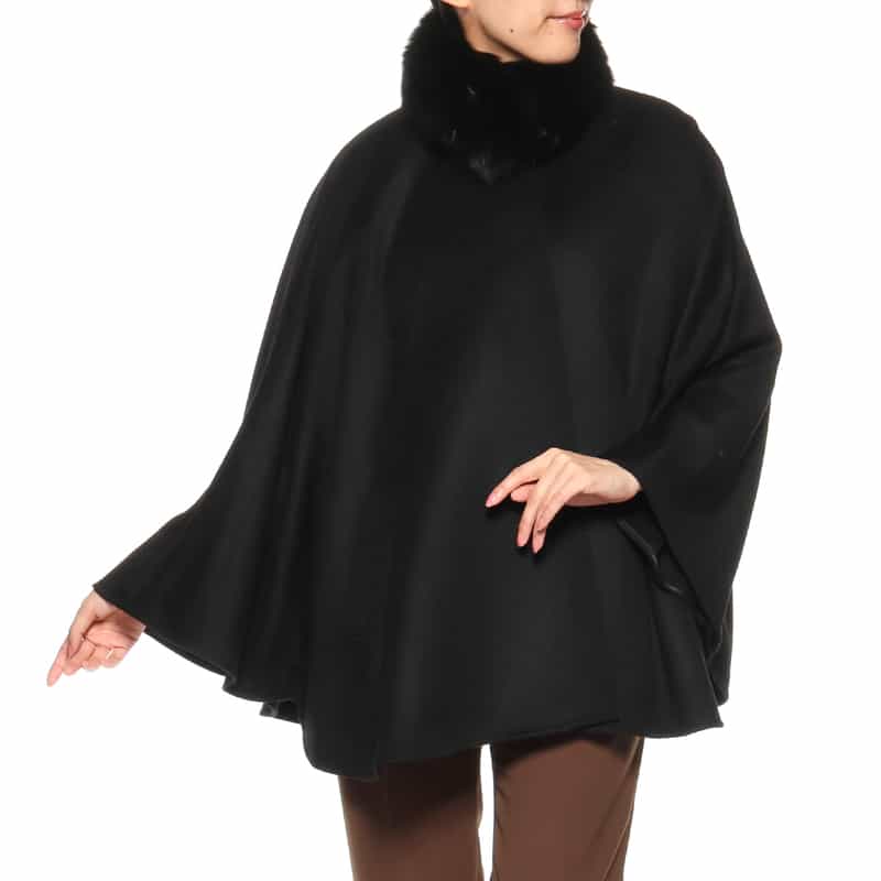 BARNEYS NEW YORK フォックスファー付きカシミ素材ヤケープコート BLACK