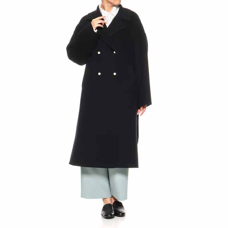BARNEYS NEW YORK パールボタン ダブルロングコート BLACK