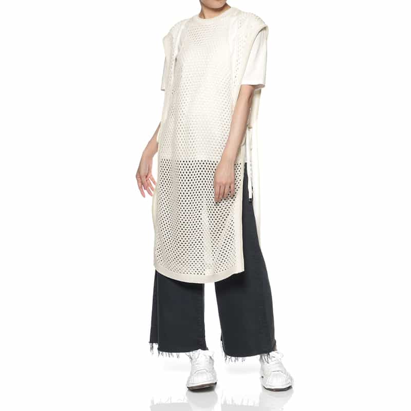 BARNEYS NEW YORK メッシュ編みロングニットベスト WHITE