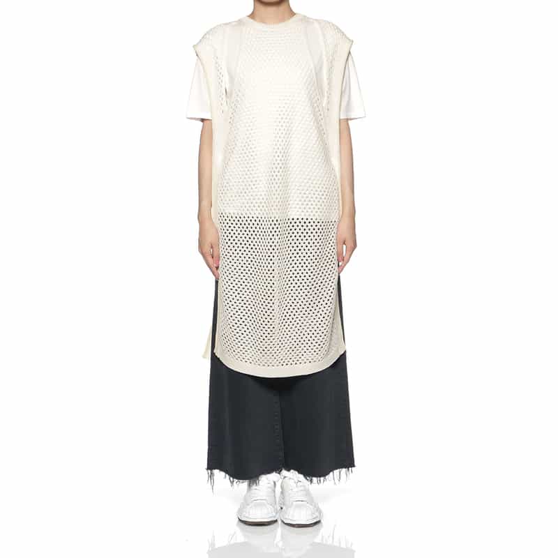 BARNEYS NEW YORK メッシュ編みロングニットベスト WHITE